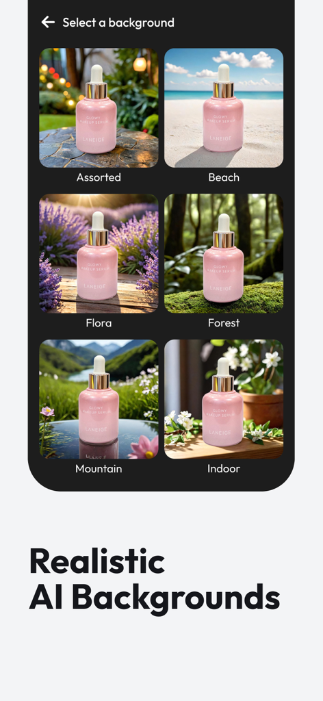 Blend: AI Models Logos Videos - Interface showing multiple AI generated backgrounds for a product bottle including beach and forest settings