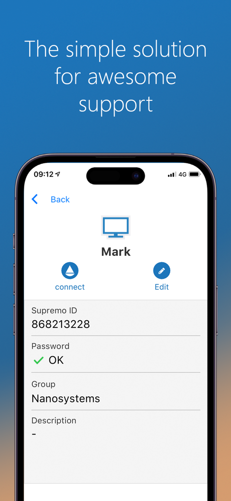 Supremo Remote Desktop - Supremo Remote Desktop app interface showing a remote connection profile for IT support