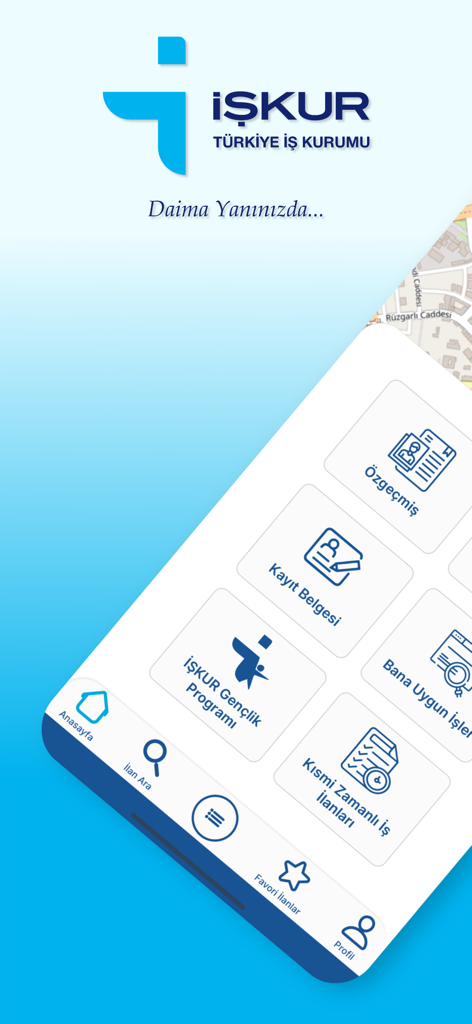 El menú principal de la aplicación ISKUR Mobil con herramientas de búsqueda de empleo y perfil.