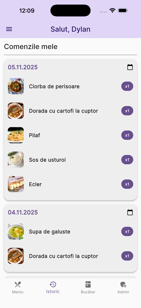 Popota - The order history screen of the Popota app showing a list of past food orders and dates.
