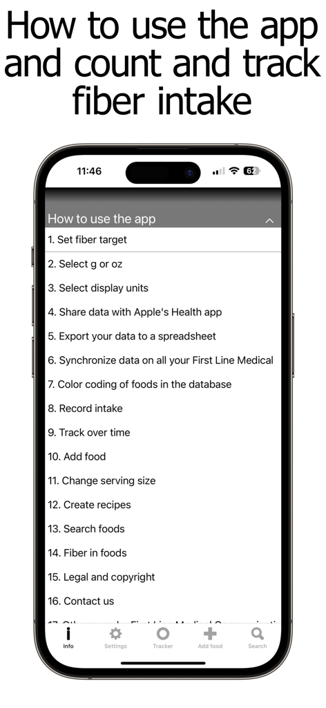 Fiber Counter and Tracker - A smartphone screen displaying the instruction menu for the Fiber Counter and Tracker app