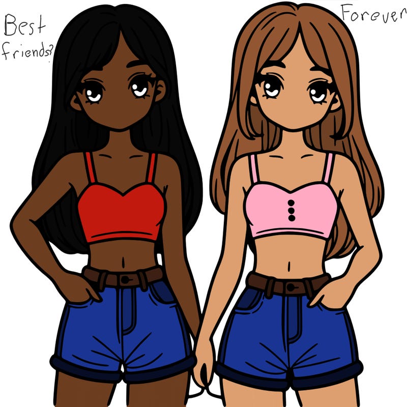 two sisters with crop tops and jean shorts and straight hair