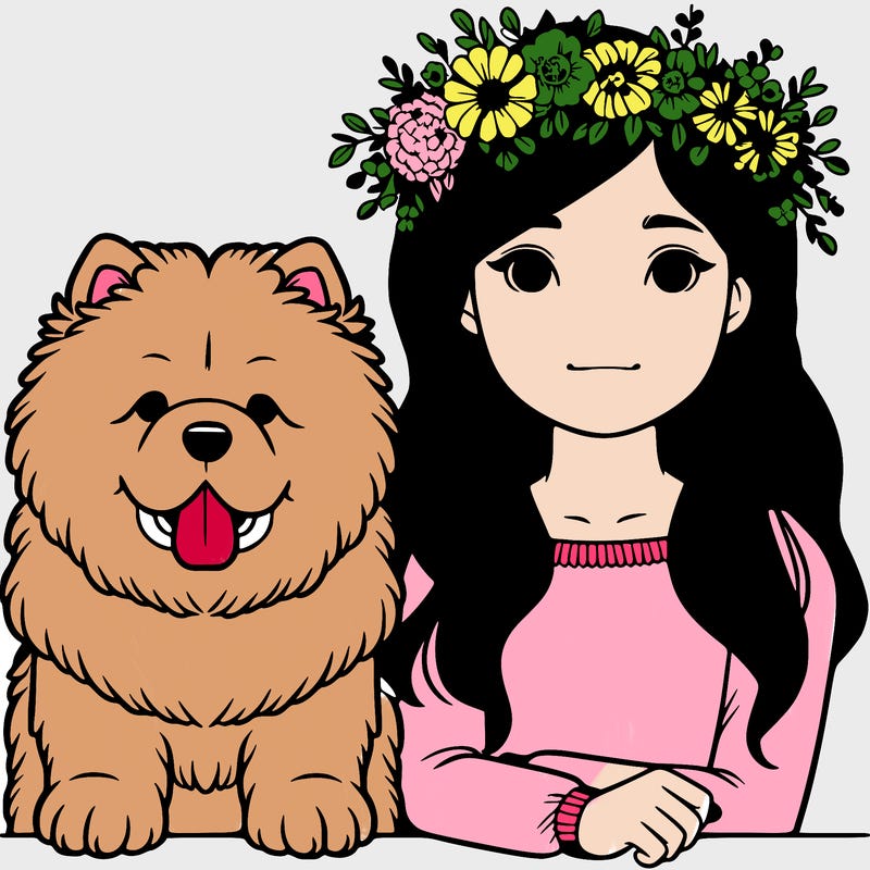teen girl  with flowers crown with a chow chow