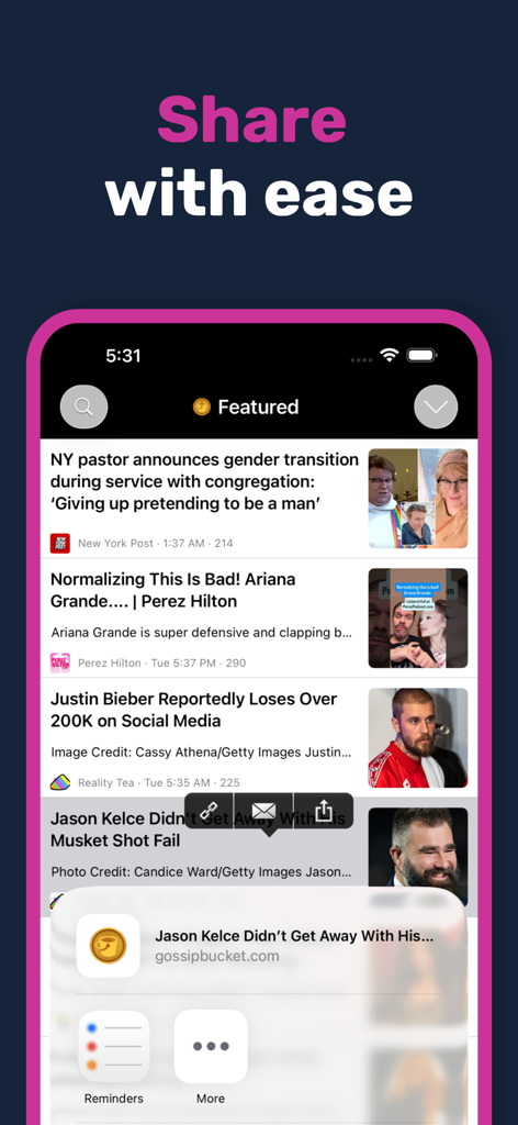 Gossip Bucket Celebrity News - A screenshot of the Gossip Bucket app news feed showing a sharing menu for celebrity articles