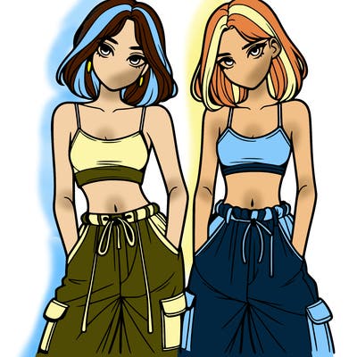 two girls with crop top with baggy pants