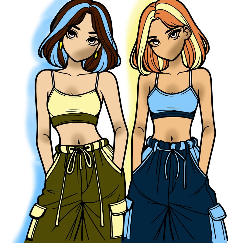 two girls with crop top with baggy pants