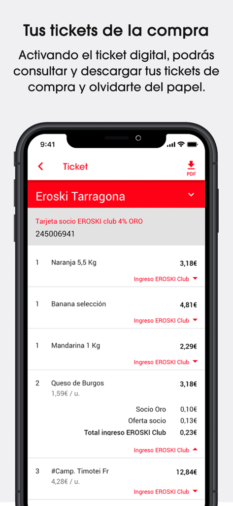 Ecrã de smartphone mostrando a funcionalidade de fatura digital da aplicação Eroski Supermercados com uma lista de compras detalhada.