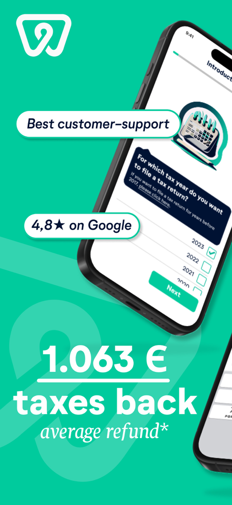Wundertax mobile app interface showing a 1063 Euro average tax refund and tax year selection for German taxes in English