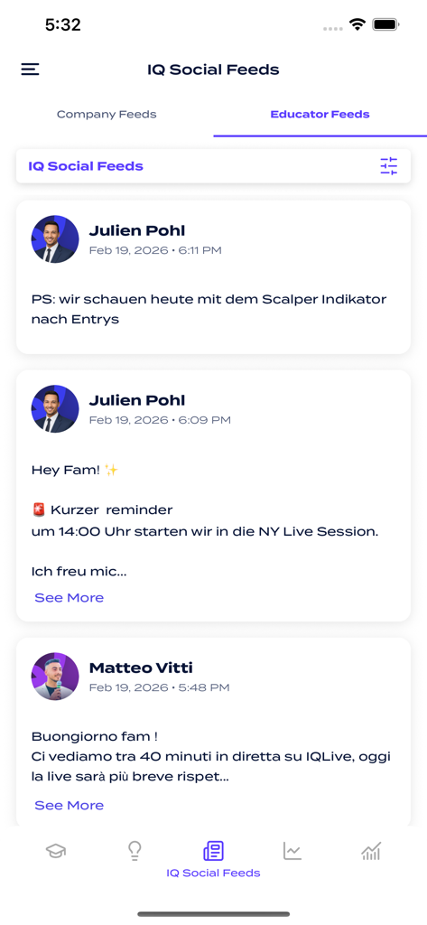 The Educator Feeds screen in the IQ Social app displaying posts and market updates from professional mentors.