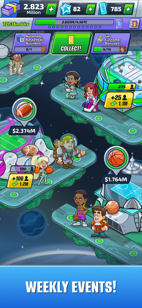 Gameplay screenshot of Idle Sports Tycoon showing various sports stadiums and characters on floating platforms with a weekly events banner.