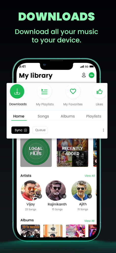 Raaga - Songs & Podcasts - Raaga music app interface showing the My Library screen with a focus on the downloads feature for offline listening