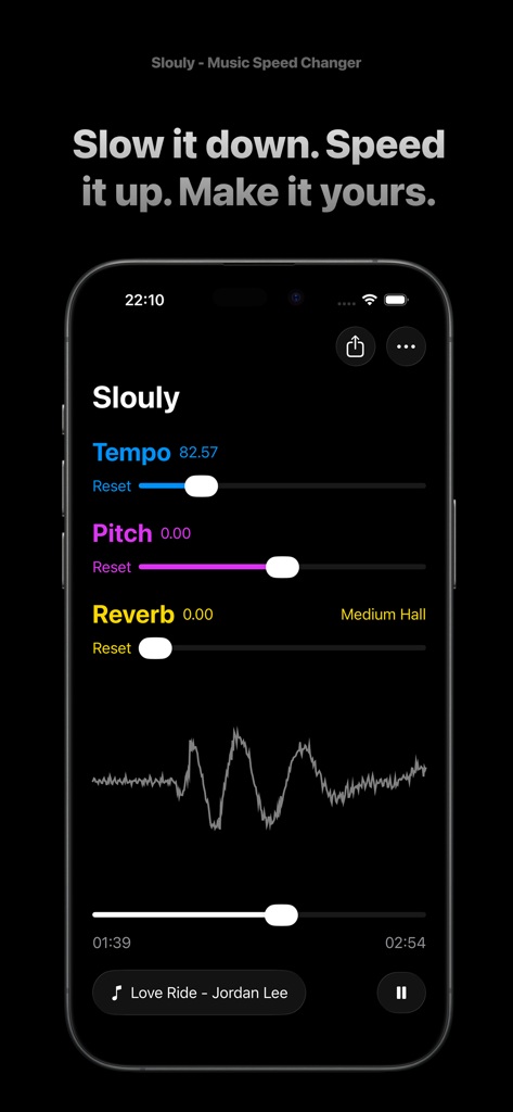Slouly - Music Speed Changer - Slouly app interface showing sliders for adjusting music tempo pitch and reverb with a song waveform