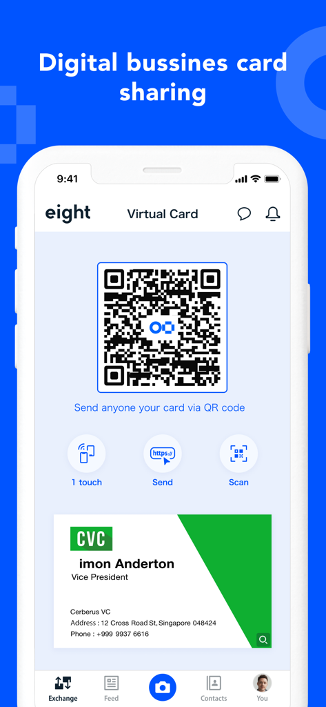 Eight: Business Card Manager - Ein Smartphone-Bildschirm zeigt eine virtuelle Visitenkarte mit einem QR-Code für den digitalen Kontaktdienst in der Eight App.