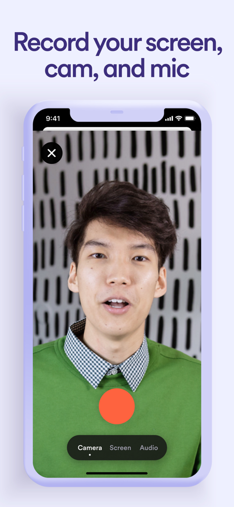 Loom: Screen Recorder - A man recording a video message on the Loom app with options to capture screen cam and mic