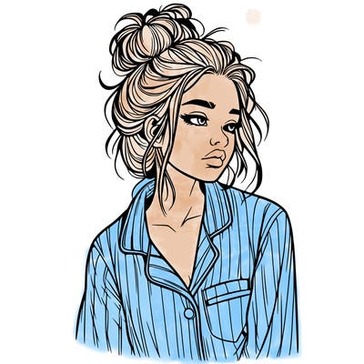 realistic woman with pajamas on and a messy bun