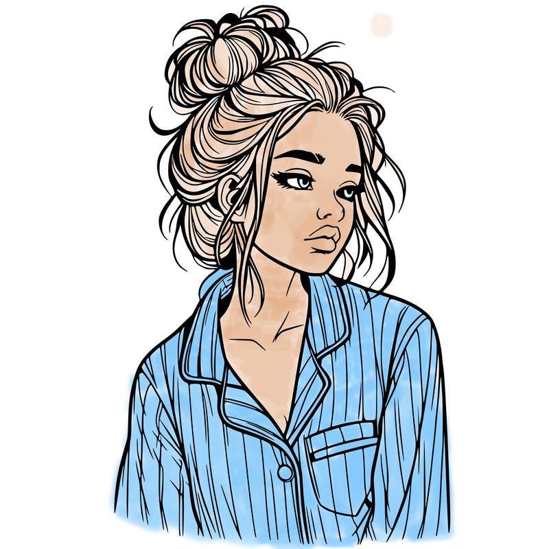 realistic woman with pajamas on and a messy bun