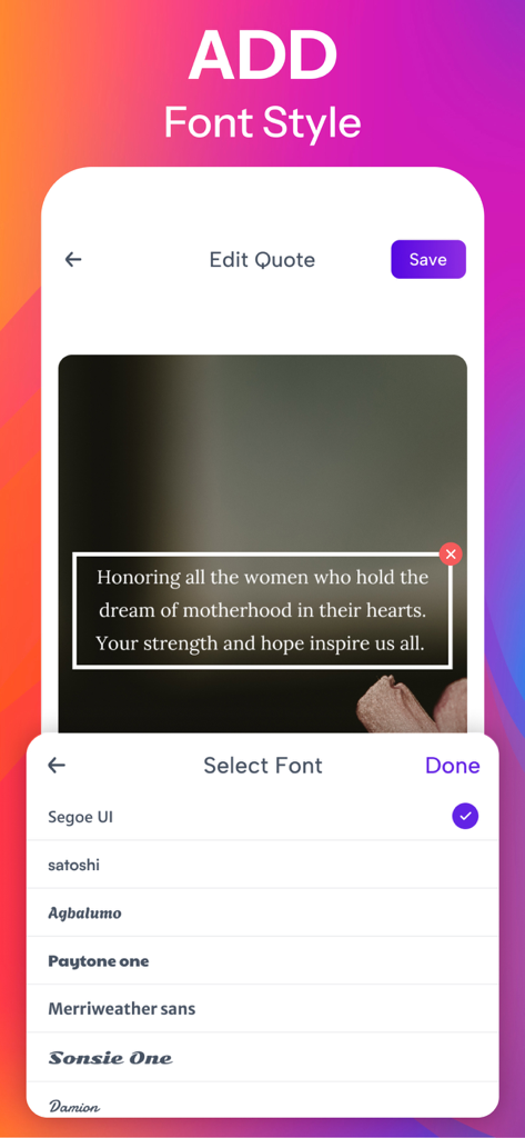 Quotes Creator - Flyer Maker - Interface of the Quotes Creator app showing a menu for selecting different font styles for a quote