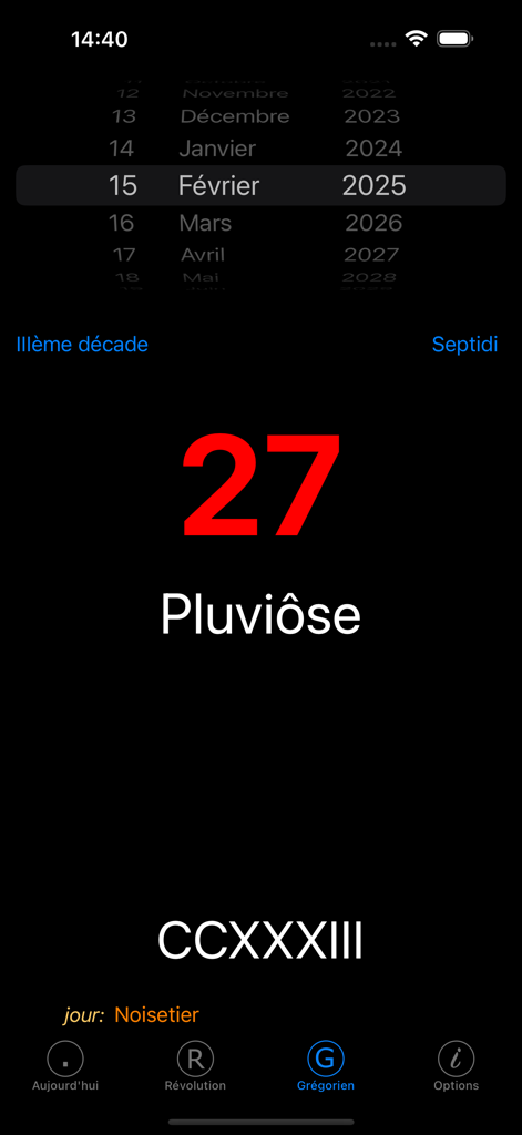 Interfaz de la aplicación Prairial mostrando la fecha revolucionaria francesa 27 Pluviôse