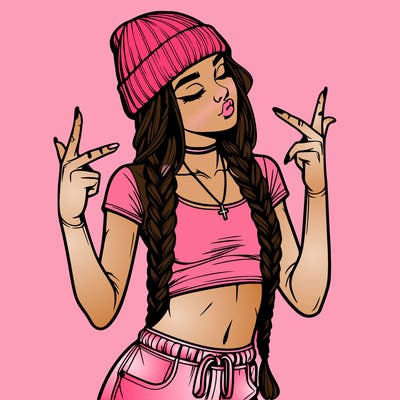 realistic teenage girl with braids and a beanie and crop top doing 🫶🏼