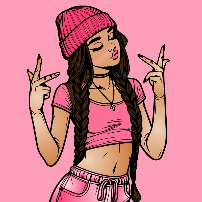 realistic teenage girl with braids and a beanie and crop top doing 🫶🏼