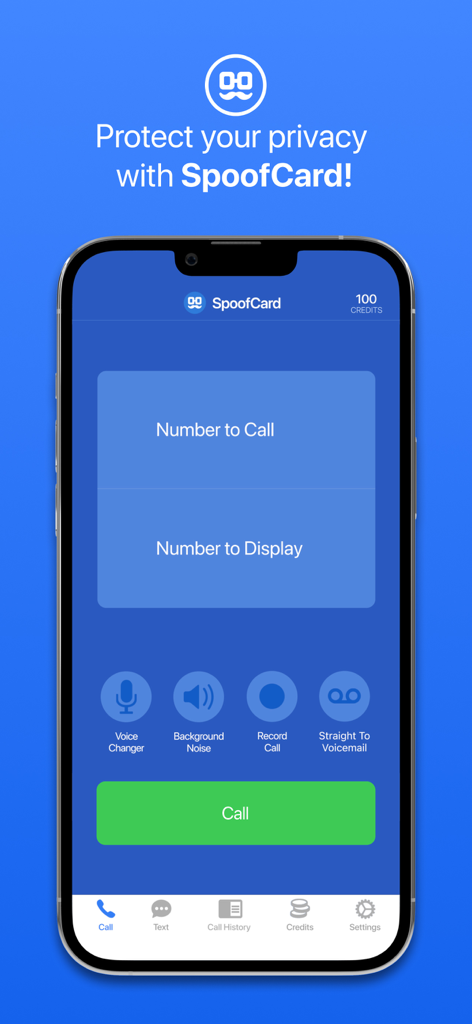 SpoofCard - Privacy Protected - SpoofCard app call screen showing options for private calls and second numbers