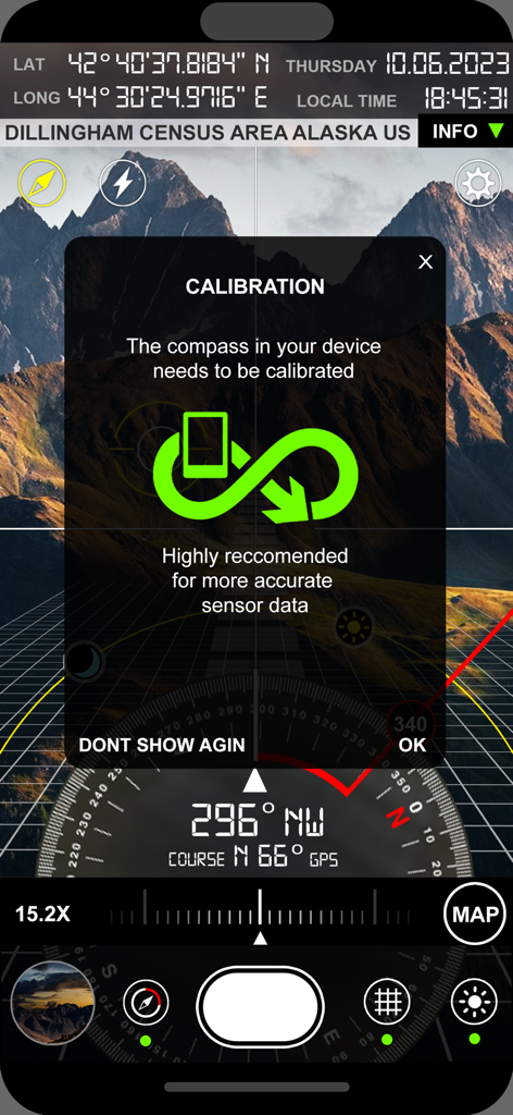 Compass i16 GeoTag GPS Camera - Calibration screen of the Compass i16 GeoTag GPS Camera showing coordinates over an Alaska mountain landscape