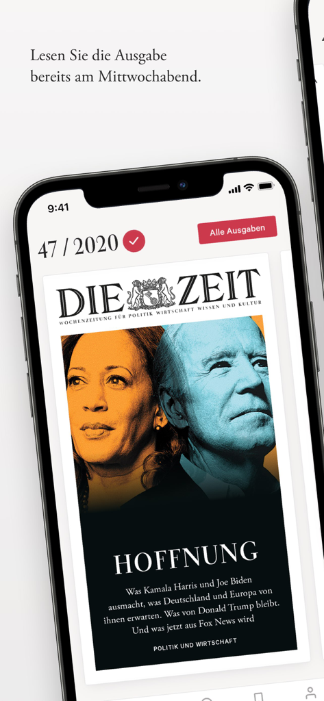 スマートフォンの画面にDIE ZEITアプリを表示し、ジョー・バイデンとカマラ・ハリスをフィーチャーしたデジタル新聞の表紙を表示しています。