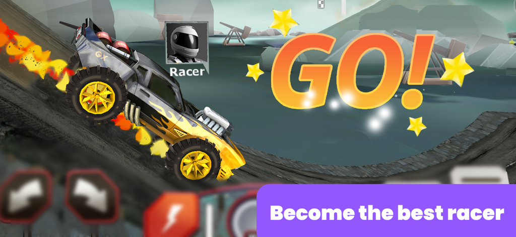 A yellow monster truck climbing a ramp with a GO sign in a car racing game for kids