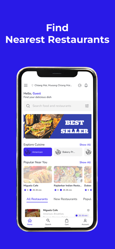 Mealsonwheels4U - Pantalla de inicio de la aplicación Mealsonwheels4U que muestra la búsqueda de restaurantes y categorías de cocina para entrega de alimentos en Chiang Mai