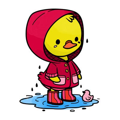 baby duck in a rain coat and boots, in a puddle while it’s raining