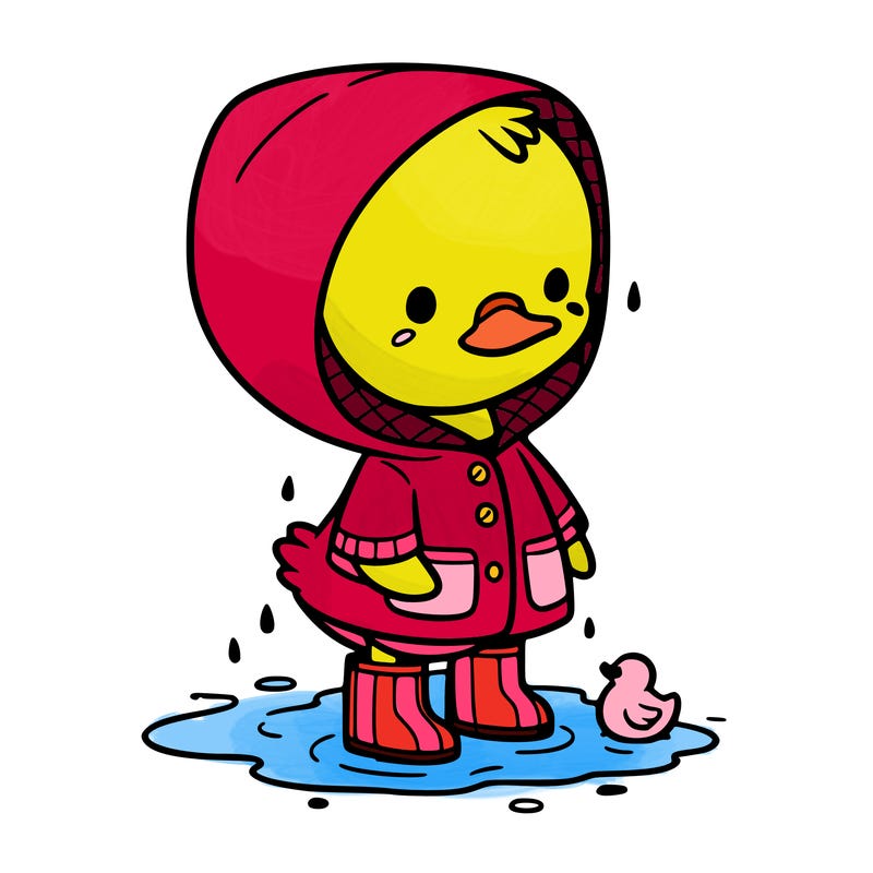 baby duck in a rain coat and boots, in a puddle while it’s raining