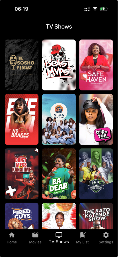 Play It Loud app screen showing a library of featured TV shows and podcasts.