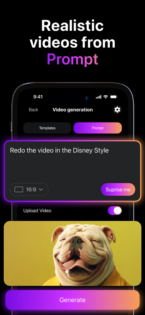 Pixverseアプリのインターフェース、ブルドッグのプレビューのようなディズニー風のテキストプロンプトからのリアルなビデオ生成を表示
