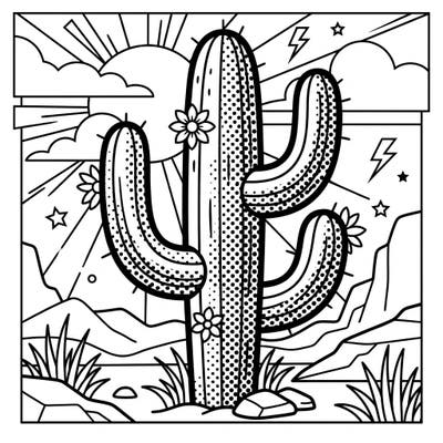 Explore the vibrant world of Pop Art with this unique Saguaro Cactus coloring template. Its bold outlines and halftone dots offer a fantastic opportunity to experiment with bright, contrasting colors.