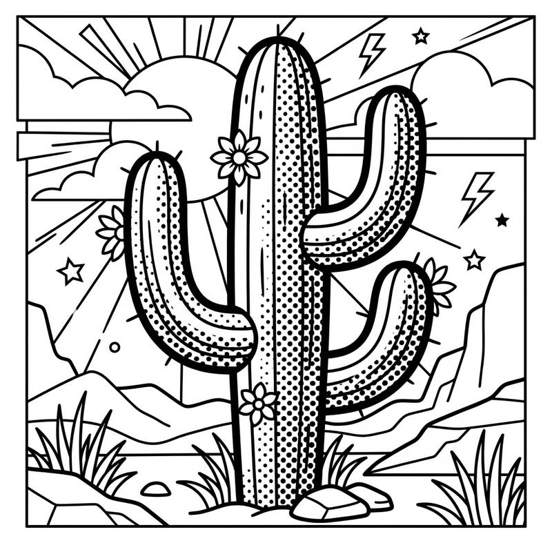 Explore the vibrant world of Pop Art with this unique Saguaro Cactus coloring template. Its bold outlines and halftone dots offer a fantastic opportunity to experiment with bright, contrasting colors.