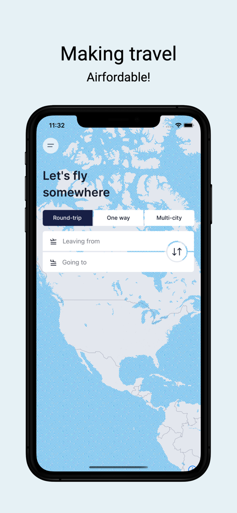 Airfordable app flight search screen showing trip type selection and location inputs over a map background
