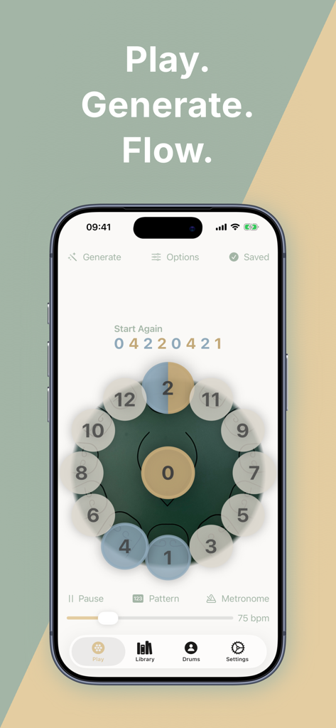DrumFlow - DrumFlow app interface showing a virtual handpan with a generated rhythm pattern and numbered notes.