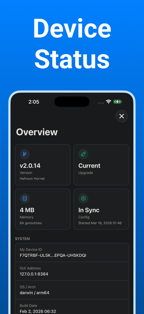 Syncthing Monitor - Syncthing Monitor dashboard showing device status and system info