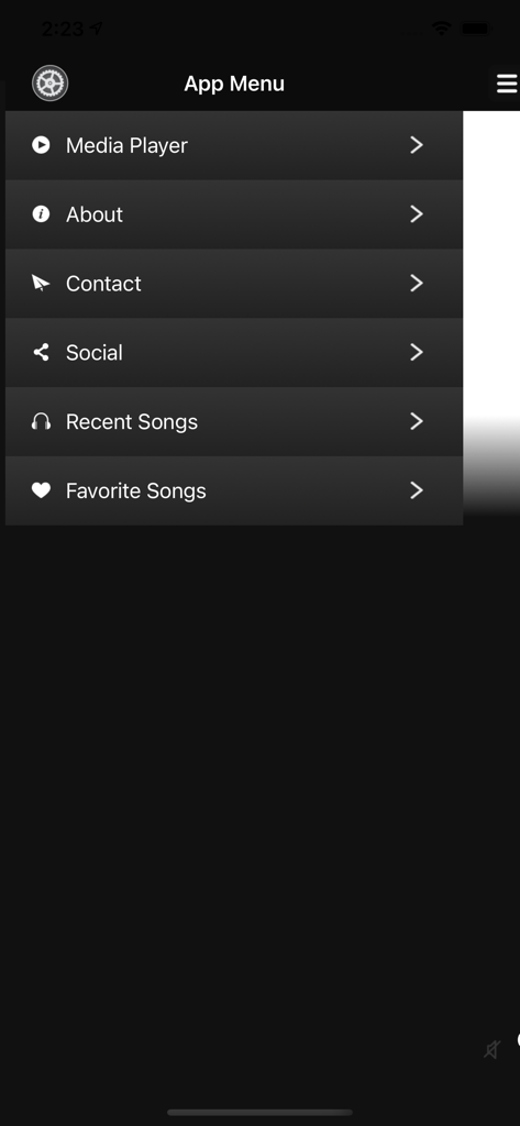 Freestyle Live Radio - Main menu screen of the Freestyle Live Radio app showing navigation options for media player and music history