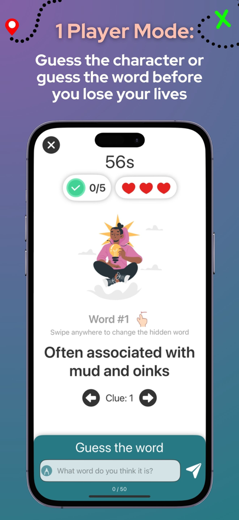 Guess It - Charades with AI - Screenshot of the solo game mode in the Guess It charades app showing an AI generated clue about a pig