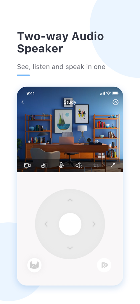 ZKlink - yi home & yi iot - Mobile app screen for ZKlink showing a live security camera feed of a home office with two way audio and directional controls.