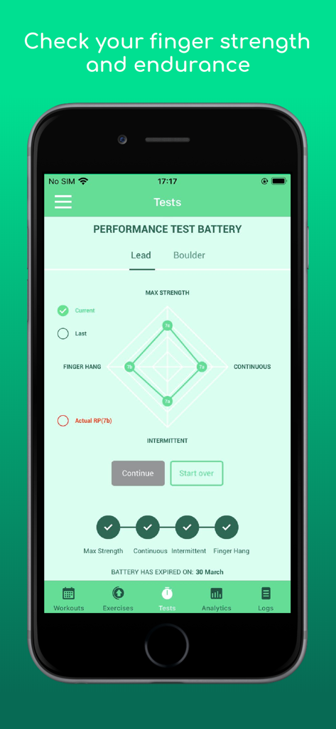 Climbro - Climbro mobile app screen showing a climbing performance test battery with a radar chart.
