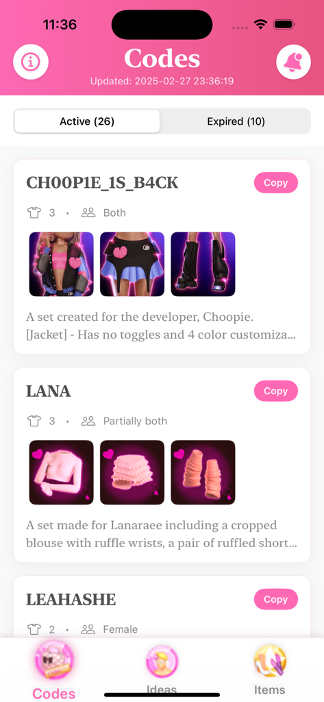 DTI:New Dress to Impress Codes - Mobile app interface showing active reward codes for Dress to Impress on Roblox