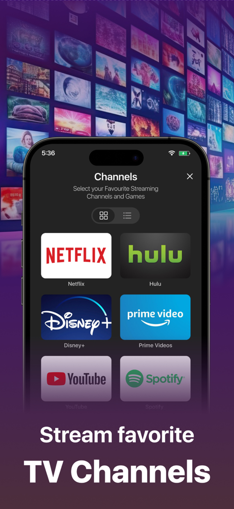 TV Remote, Universal Control - Interface d'application de télécommande TV universelle affichant des raccourcis vers des chaînes de streaming comme Netflix, Hulu et Disney Plus.