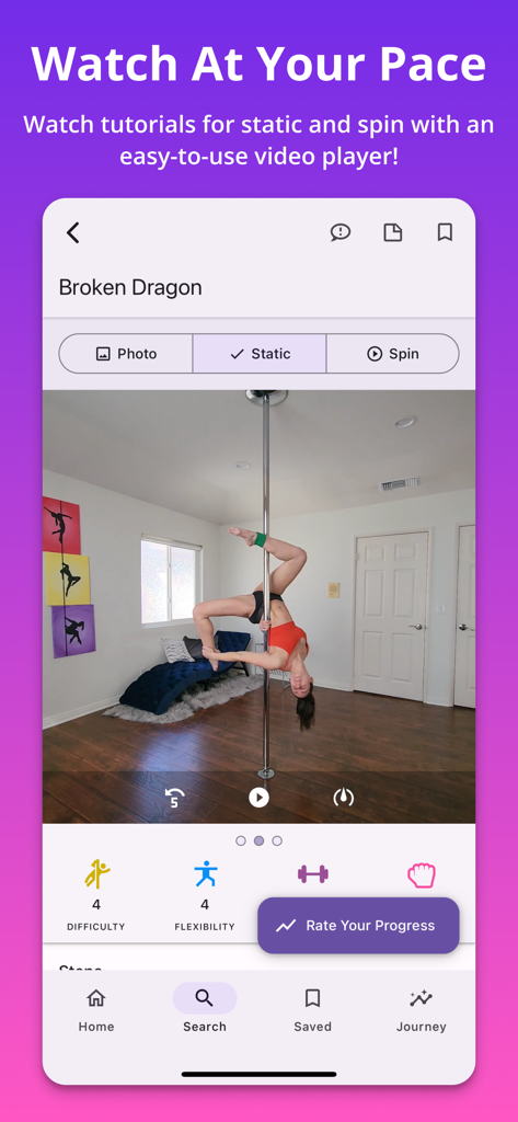 That Pole App - Screenshot of That Pole App showing a video tutorial for the Broken Dragon pole fitness trick