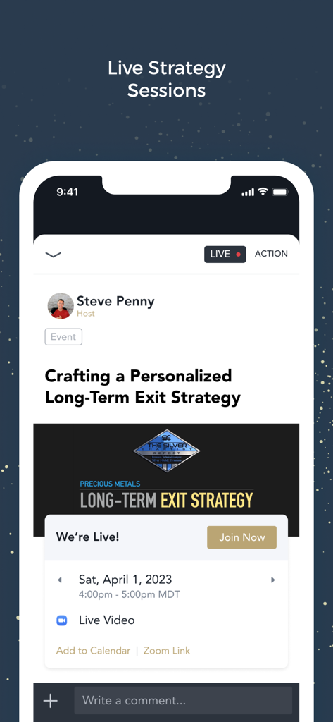 SilverChartist - SilverChartist mobile app interface showing a live strategy session hosted by Steve Penny about long term exit strategies for precious metals.