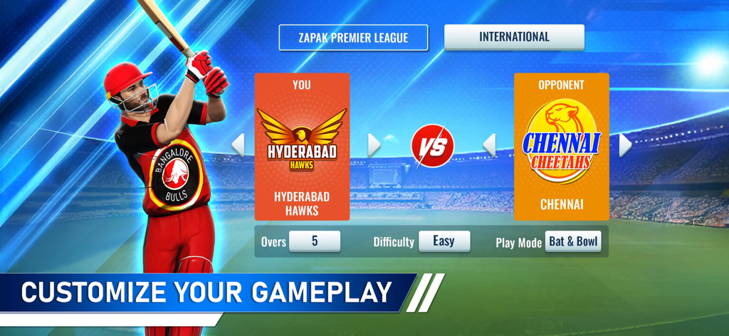 T20 Cricket Champions 3D - Pantalla de personalización del juego que muestra la selección de equipo y la configuración del partido