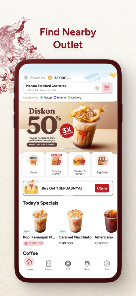 Kopi Kenangan Indonesia - Kopi Kenangan app interface displaying loyalty points rewards and daily coffee specials