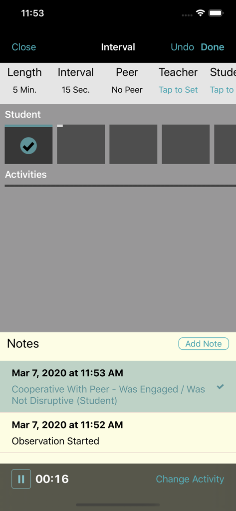 BehaviorSnap - Oberfläche zur Durchführung einer Intervall-Verhaltensbeobachtung in der BehaviorSnap-App mit Notizen und einem Timer.