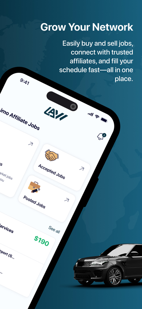 Limo Affiliates Worldwide app screen displaying options to grow a network by buying and selling transportation jobs